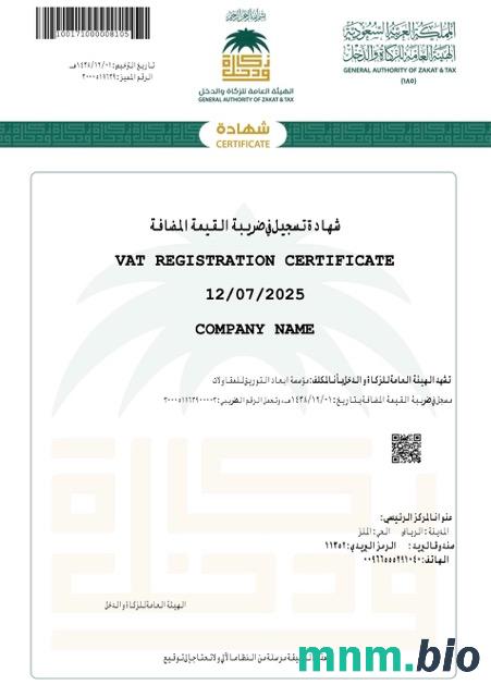 Arabia Saudyjska certyfikat rejestracji VAT Word i PDF szablon, Wersja 2